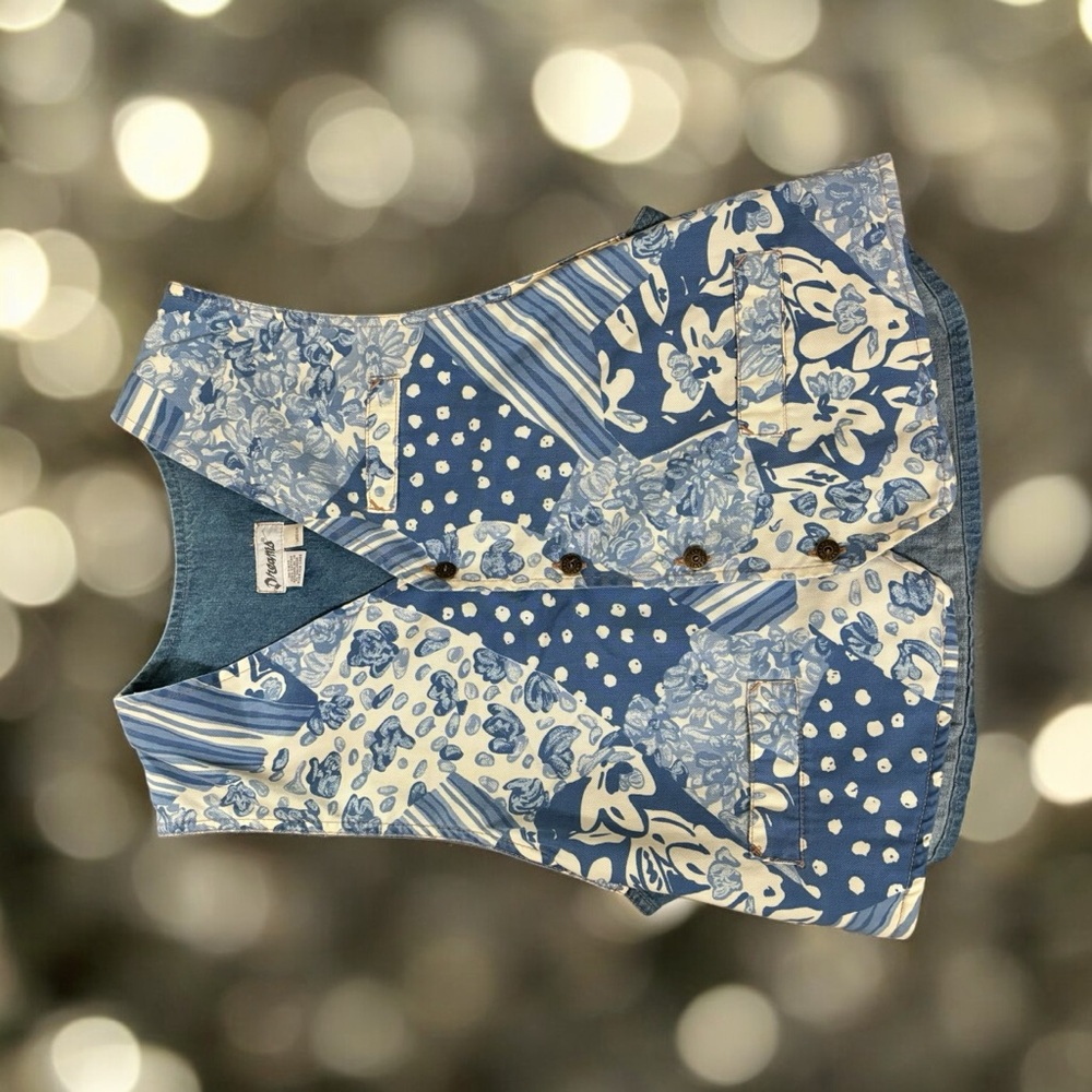 Dreams Denim Vest Western Women Size M Floral Dots Abstract Blue White Design